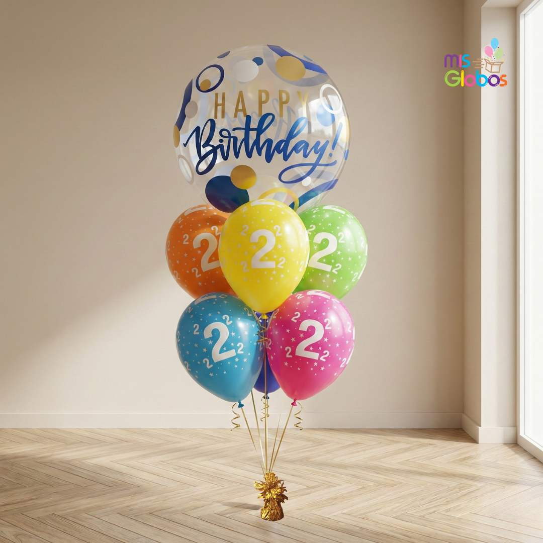 Ramo de globos Sigma Happy Birthday Burbuja Azul y oro