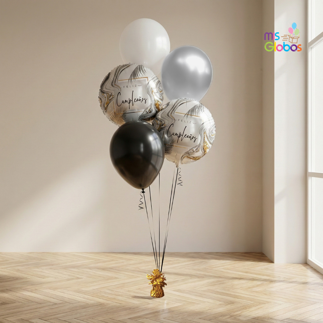 Ramo en escalera Feliz Cumpleaños tonos plata