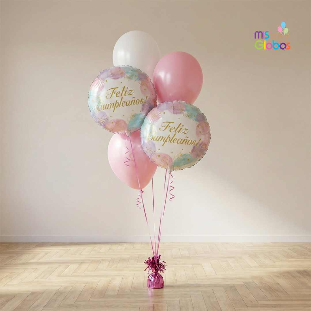 Ramo en escalera Feliz Cumpleaños tonos rosa