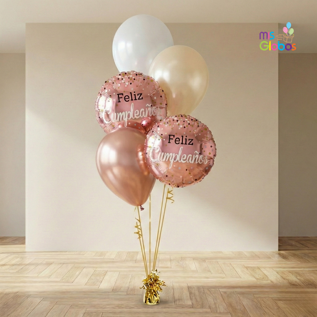 Ramo en escalera Feliz Cumpleaños tonos rosegold