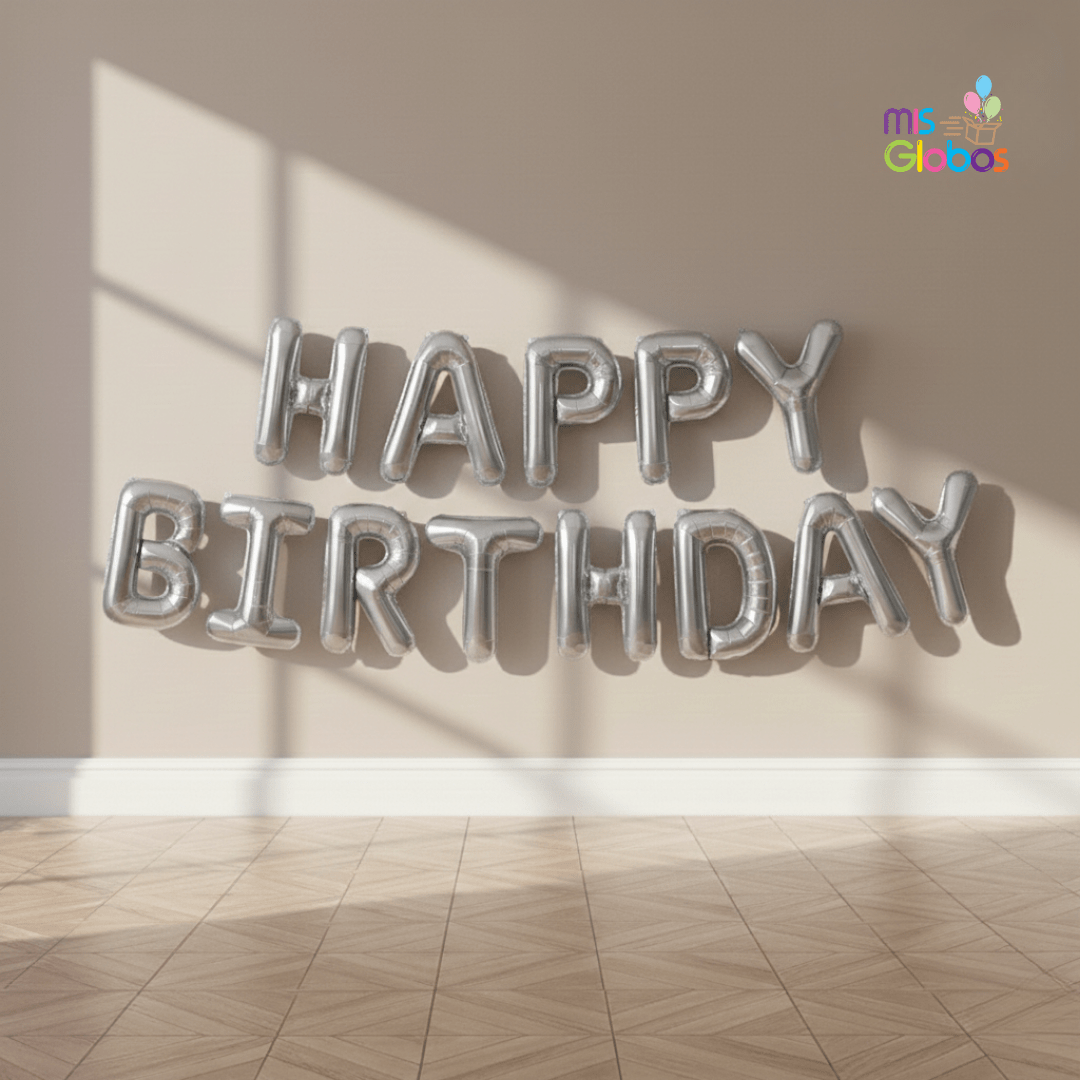 Banner de globos Happy Birthday Plata - Mis Globos