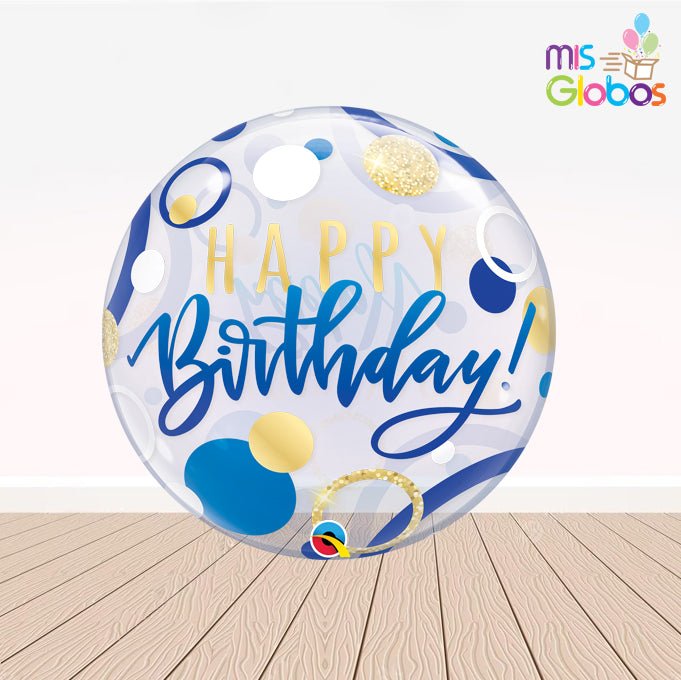 Burbuja Happy Birthday Azul y Dorado - Mis Globos