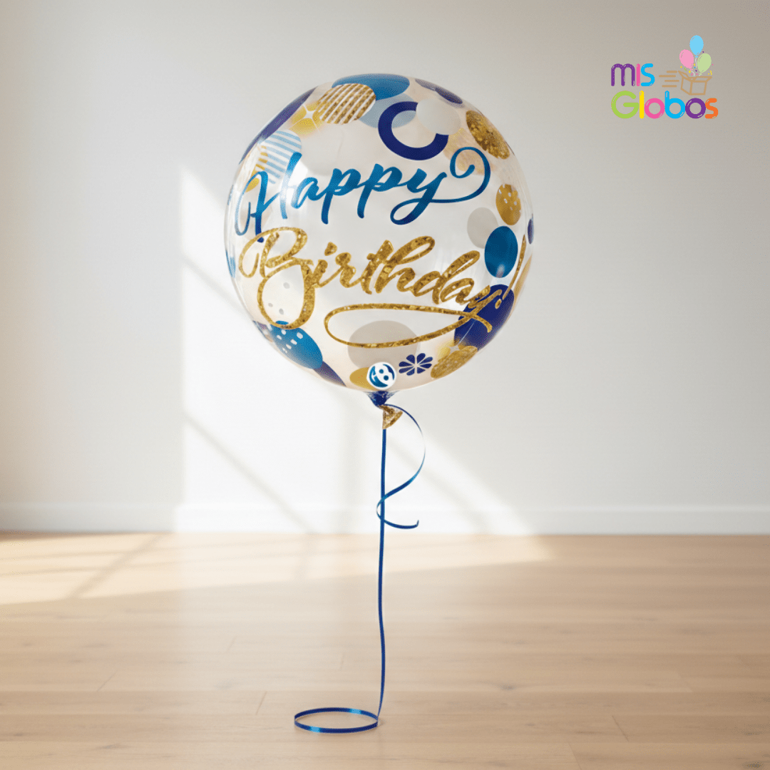 Burbuja Happy Birthday Azul y Dorado