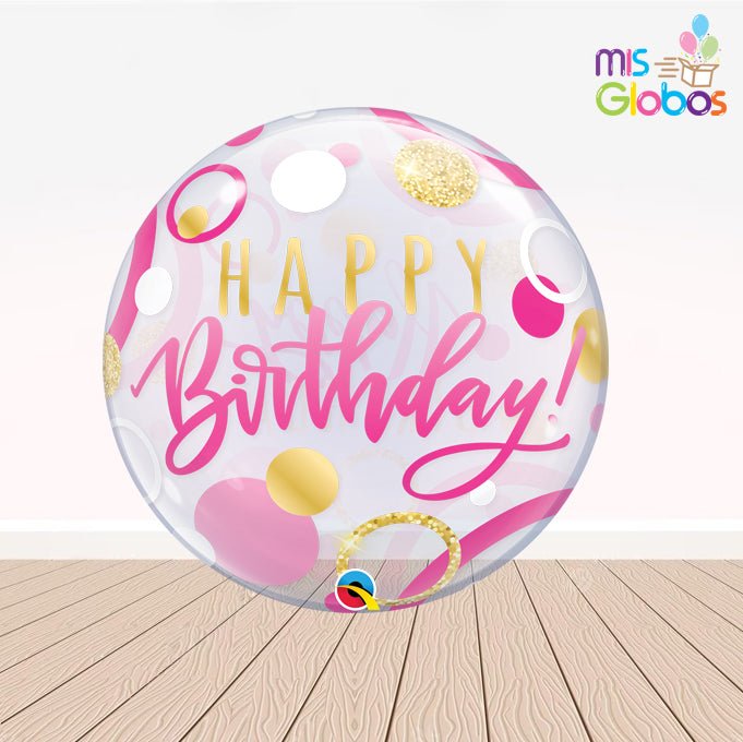 Burbuja Happy Birthday Rosa y Dorado - Mis Globos
