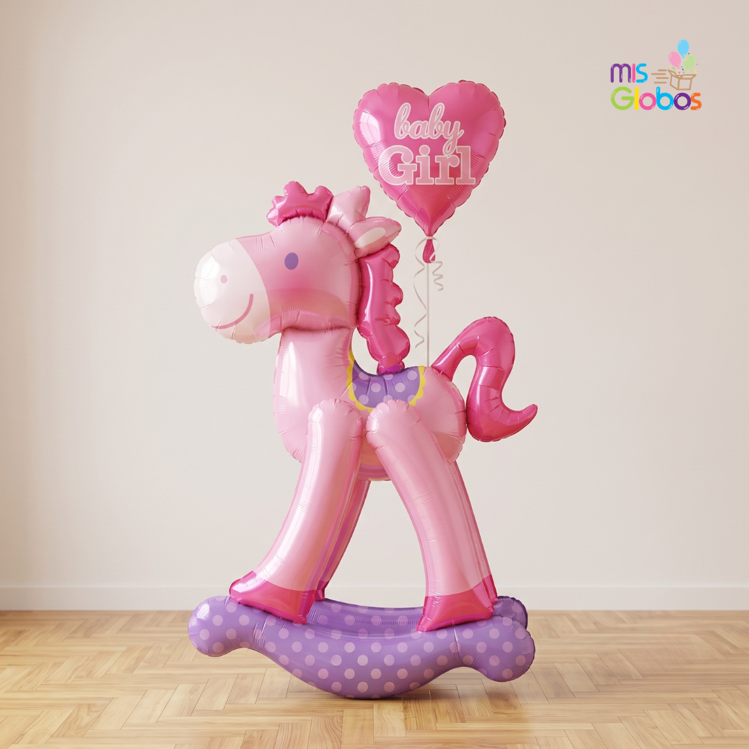 Globo Caballito Balancín Gigante para Nacimiento y Baby Shower Rosa