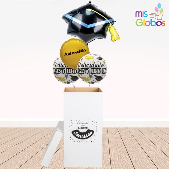 Caja GloBOOM con globos Graduación Birrete - Mis Globos