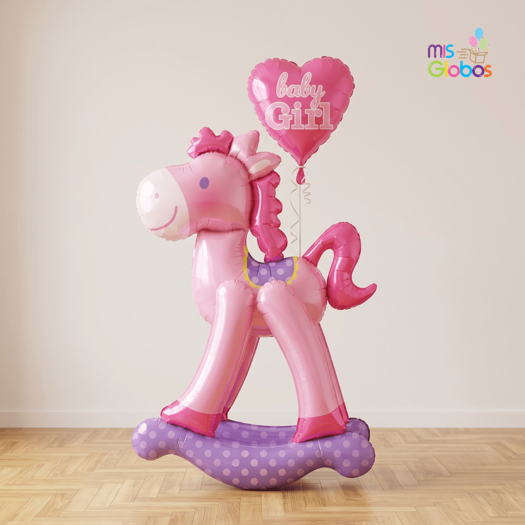 Globo Caballito Balancín Gigante para Nacimiento y Baby Shower Rosa