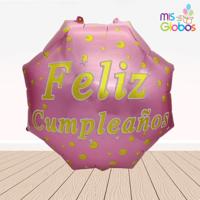 Globo Feliz Cumpleaños hexágono rosa y oro