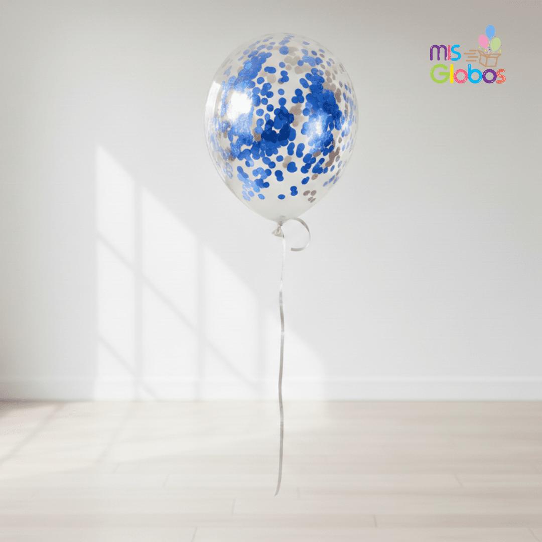 Globo Latex con confetti azul hinchado con Helio por unidades. - Mis Globos