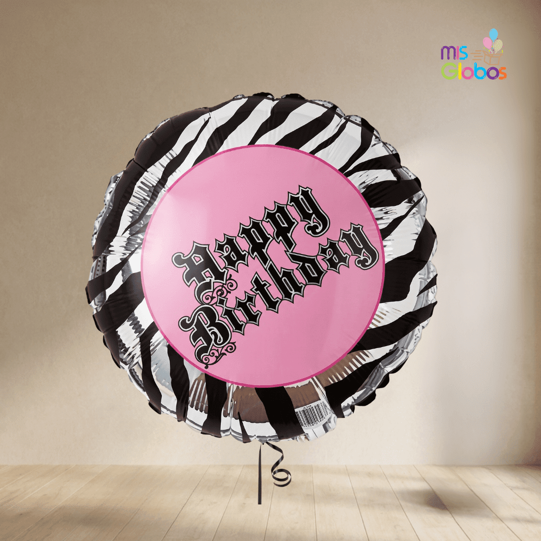 Globo mylar Happy Birthday Cebra blanco