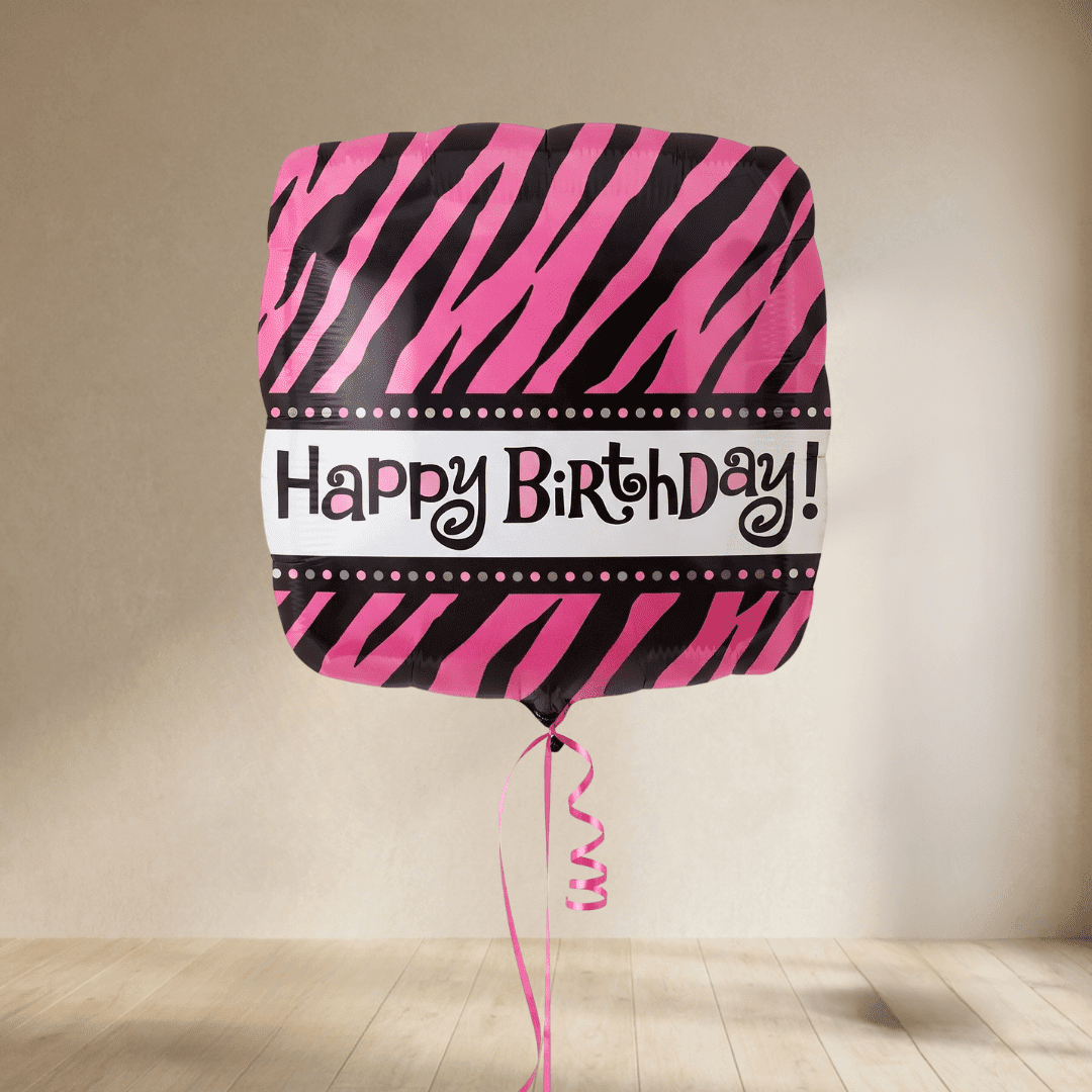 Globo mylar Happy Birthday Cebra rosa