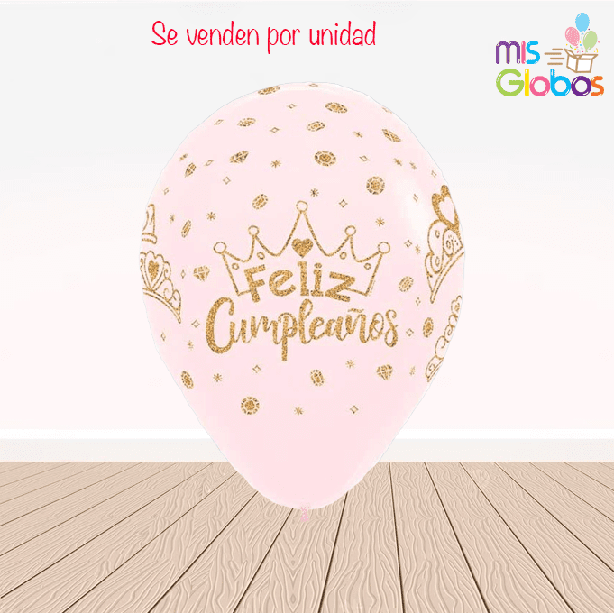 Globos látex Feliz Cumpleaños coronas con glitter