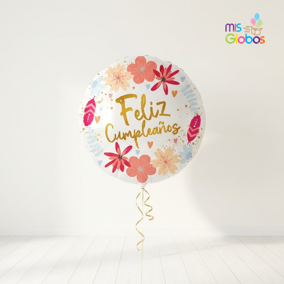 Globo Mylar Feliz Cumpleaños Flores rojas