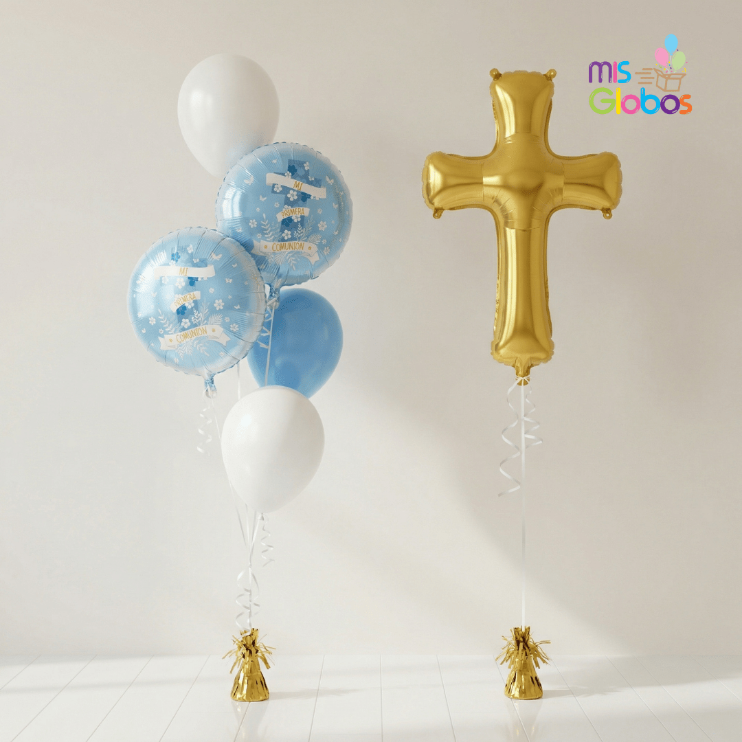 Pack Comunión Animado Cruz Gold azul - Mis Globos