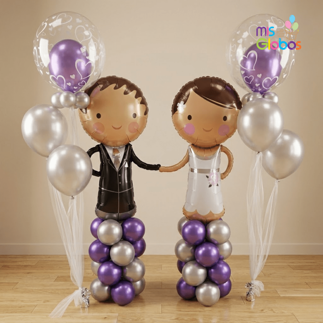 Ramo de globos Boda columna novios con decoburbujas - Mis Globos