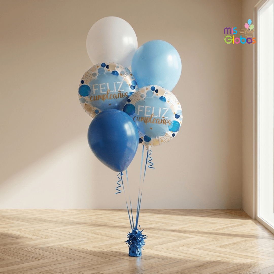 Ramo en escalera Feliz Cumpleaños tonos azules - Mis Globos