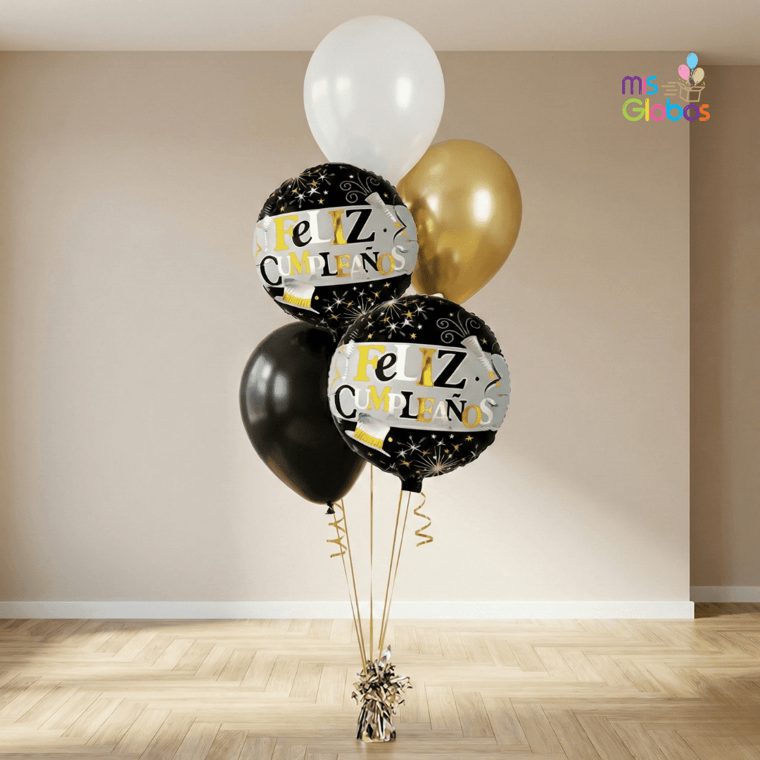 Ramo en escalera Feliz Cumpleaños tonos oro - Mis Globos