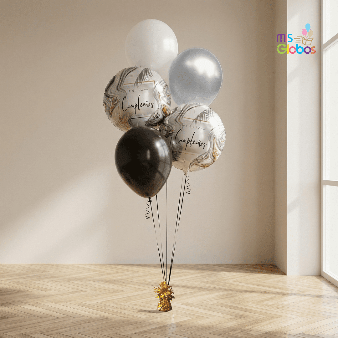 Ramo en escalera Feliz Cumpleaños tonos plata - Mis Globos