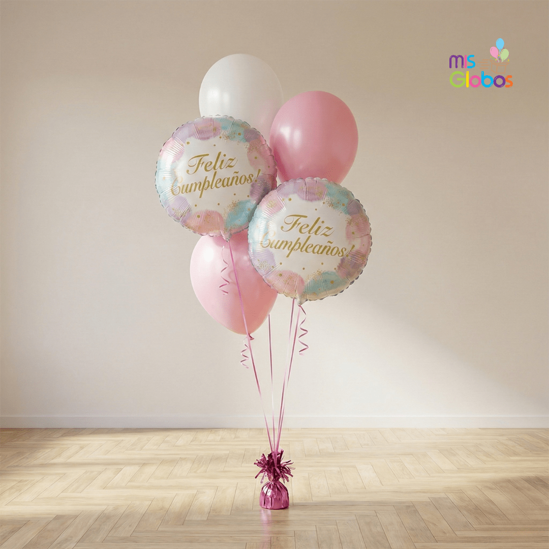 Ramo en escalera Feliz Cumpleaños tonos rosa - Mis Globos