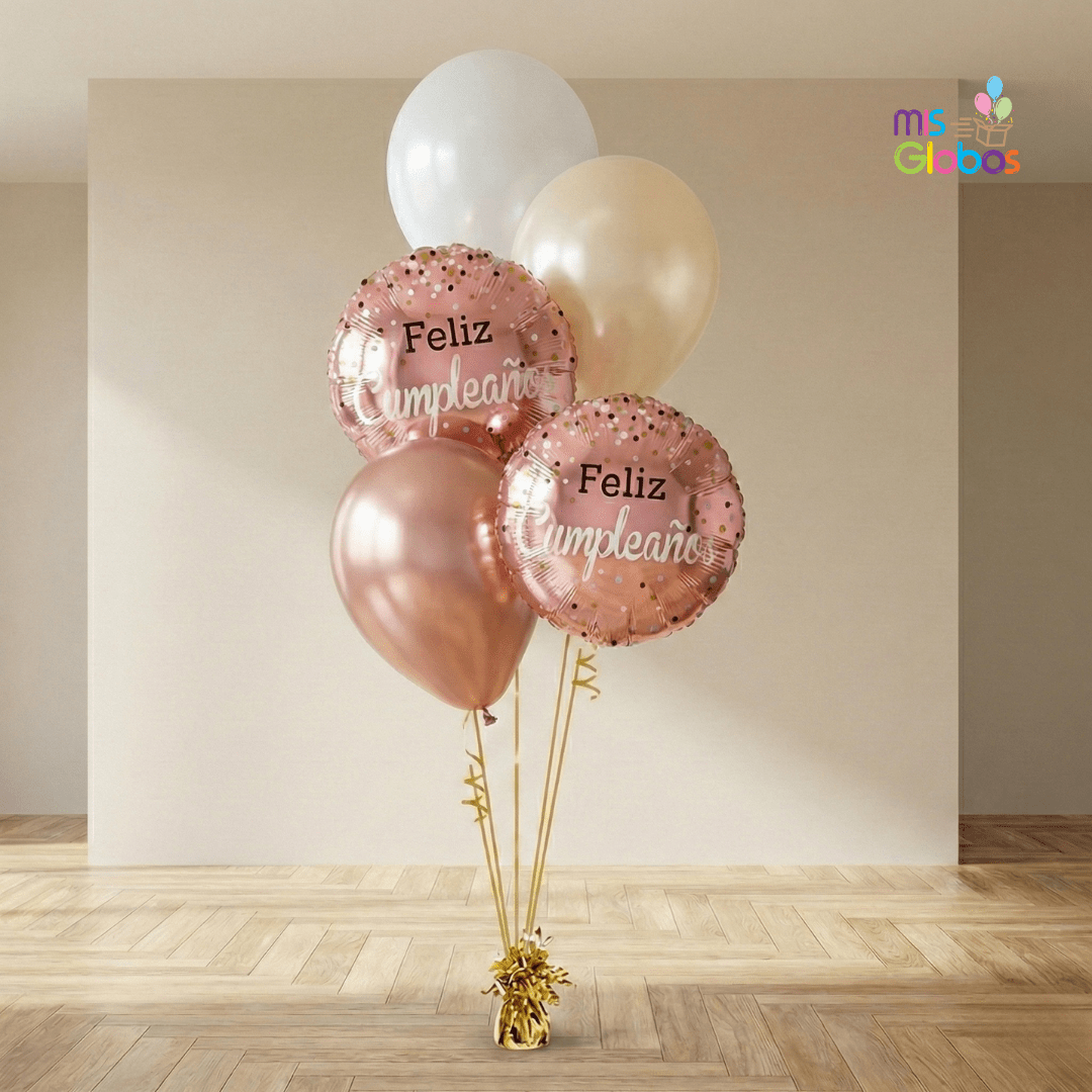 Ramo en escalera Feliz Cumpleaños tonos rosegold - Mis Globos