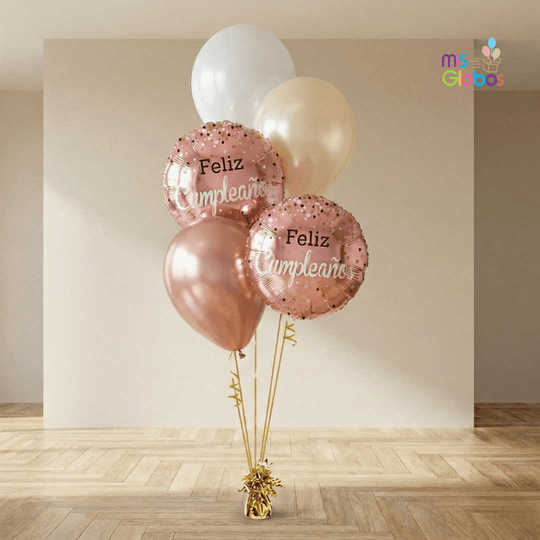 Ramo en escalera Feliz Cumpleaños tonos rosegold - Mis Globos