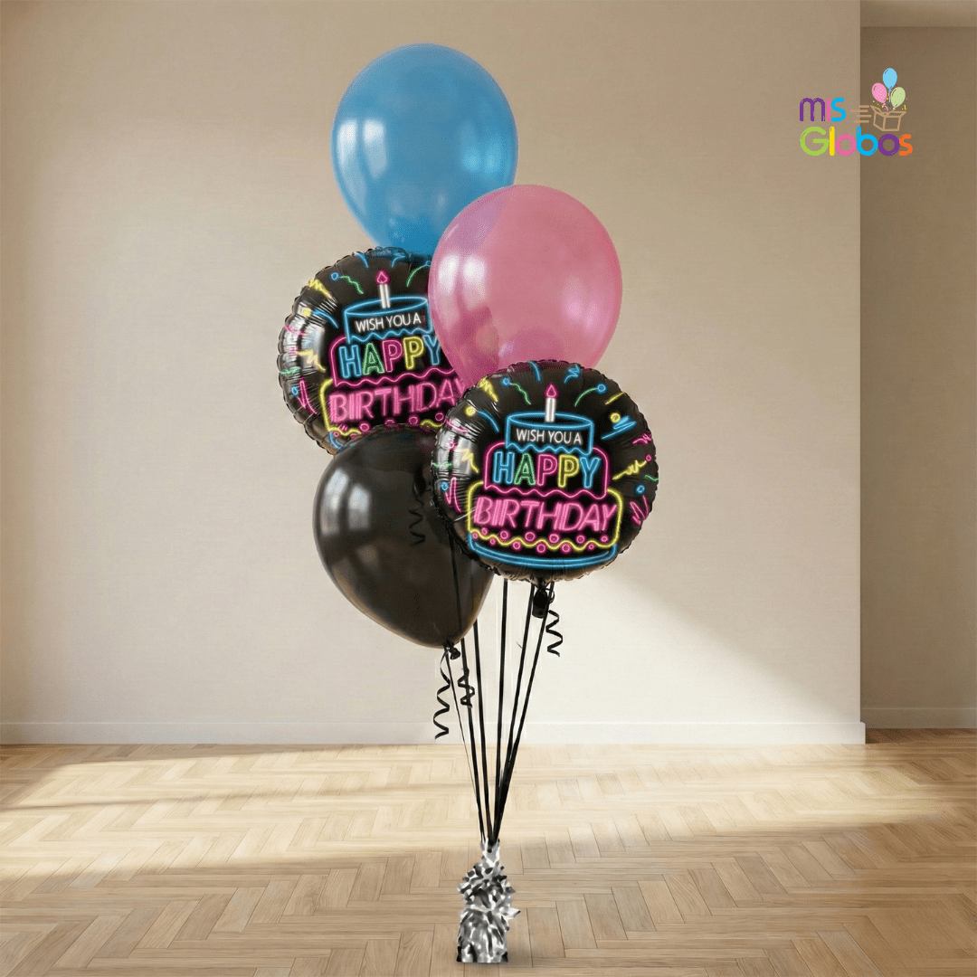 Ramo en escalera Happy birthday tonos negros - Mis Globos