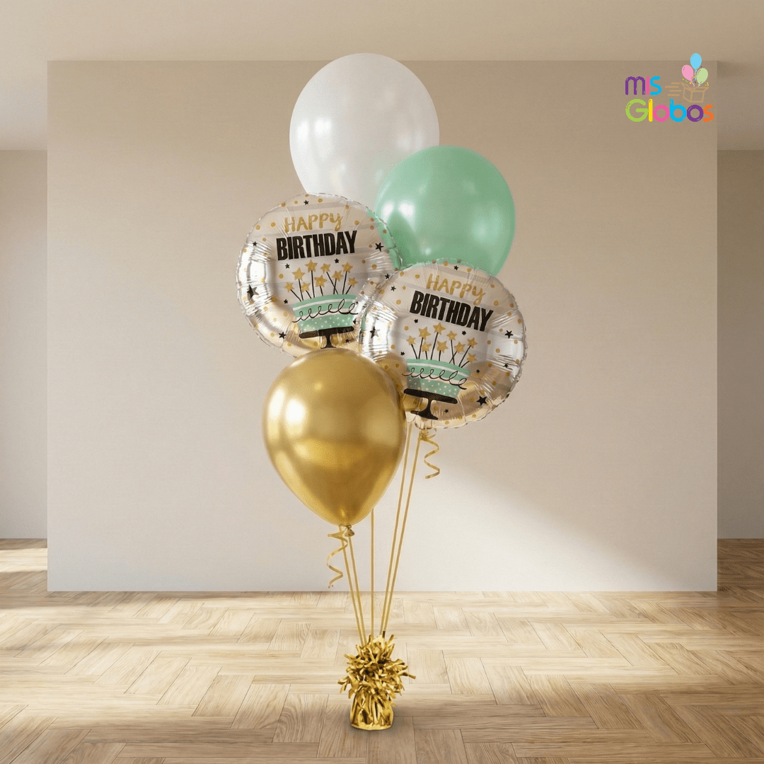 Ramo en escalera Happy birthday tonos verdes - Mis Globos