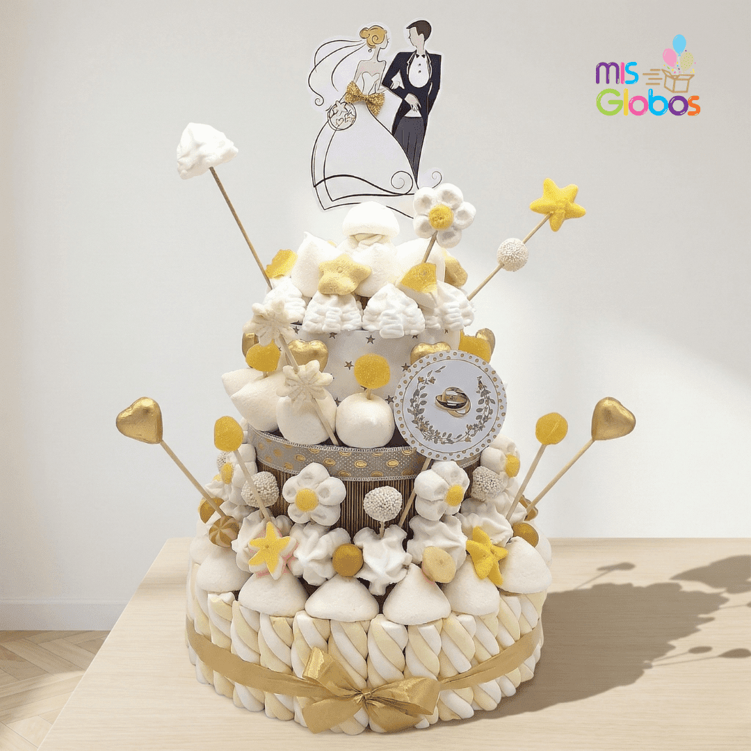 Tarta de chuches Boda blanca oro - Mis Globos