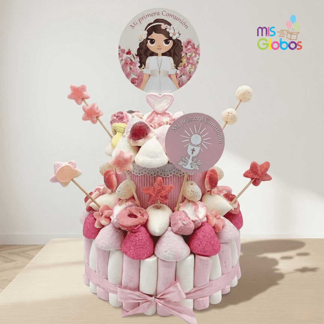Tarta de chuches Comunión Rosa Clásica - Mis Globos