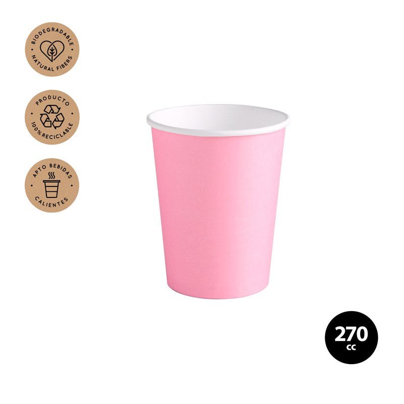 6 vasos de cartón BIO rosa claro 270 Ml - Mis Globos