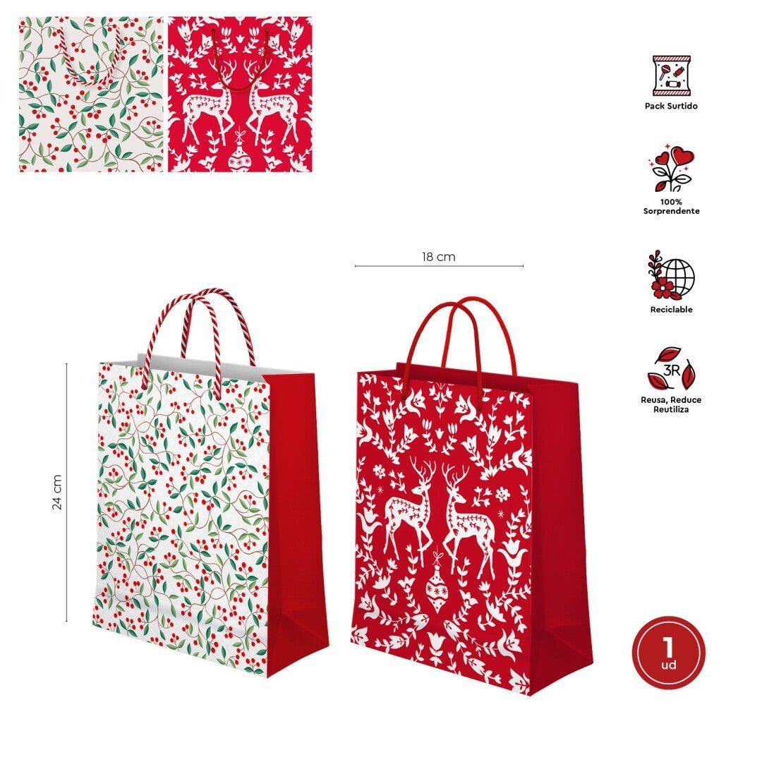 Bolsa de regalo de Navidad blanca y roja Mediana - Mis Globos