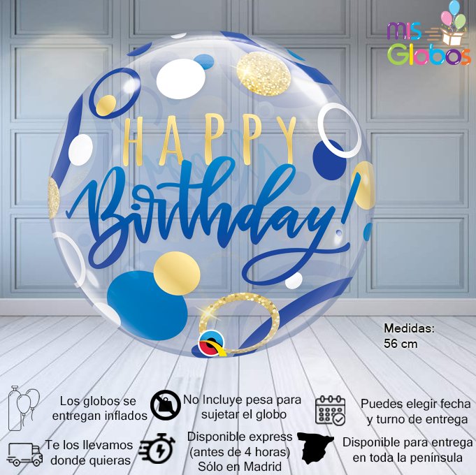 Burbuja Happy Birthday Azul y Dorado