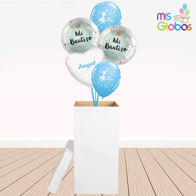 Caja GloBOOM con globos Bautizo azul círculo - Mis Globos