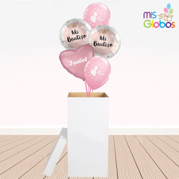 Caja GloBOOM con globos Bautizo rosa círculo - Mis Globos