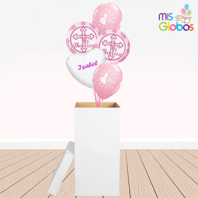 Caja GloBOOM con globos Bautizo rosa classic - Mis Globos