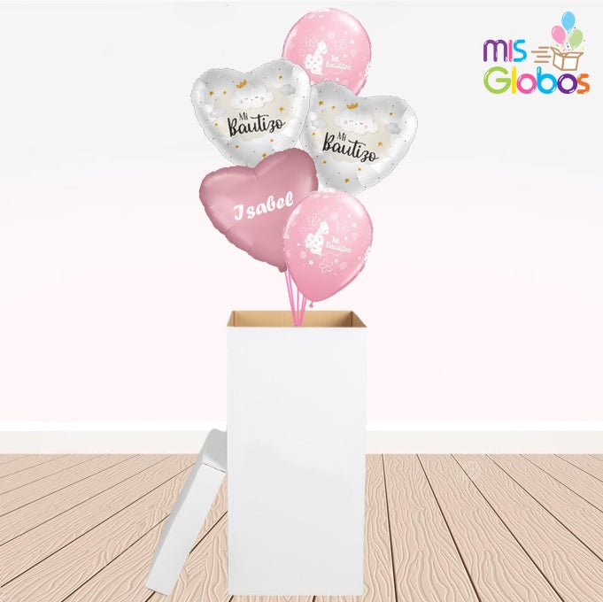 Caja GloBOOM con globos Bautizo rosa corazón - Mis Globos
