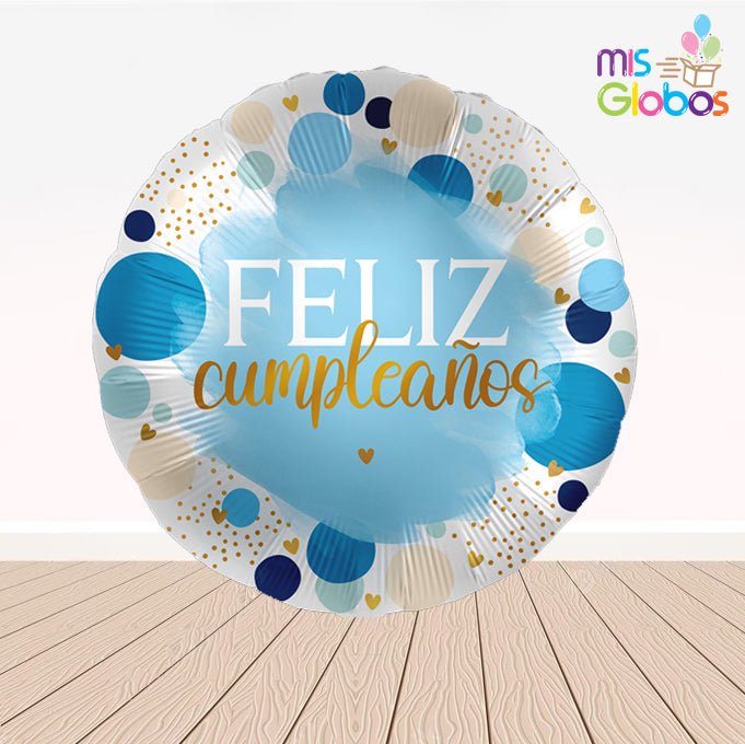 Globo Mylar Feliz Cumpleaños topos azules de 45 cm. - Mis Globos