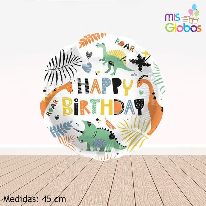 Globo Mylar Happy Birthday Dino de 45 cm.