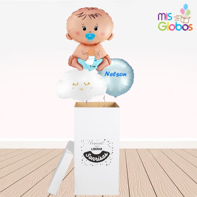 Caja GloBOOM con globos En las nubes Nacimiento niño - Mis Globos