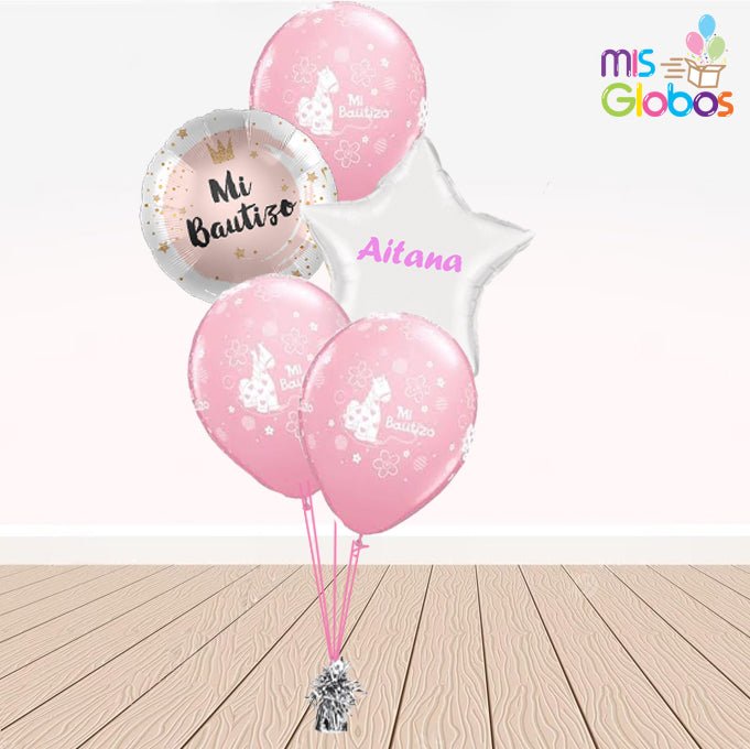 Ramo en escalera Bautizo rosa circulo - Mis Globos