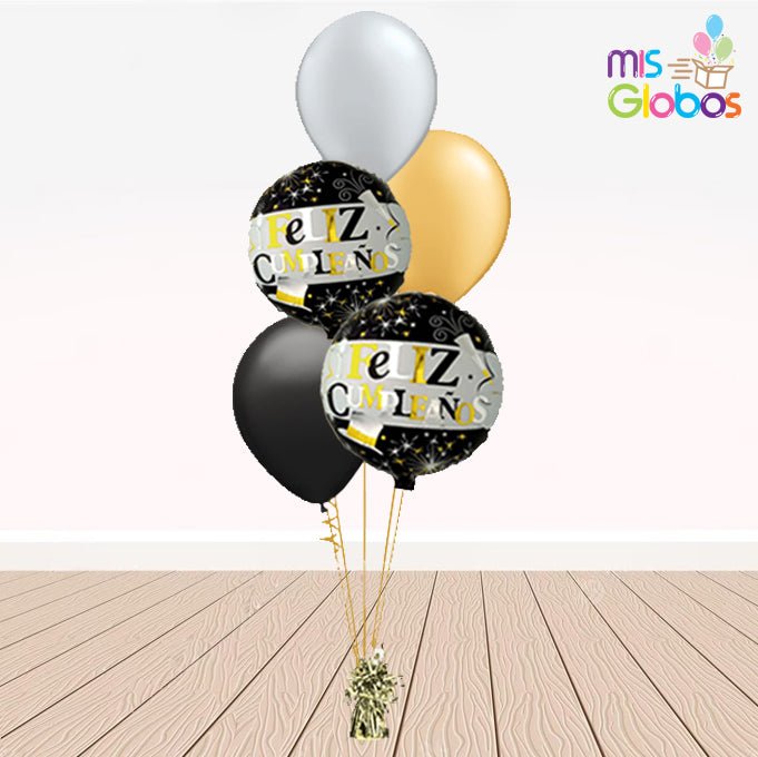 Ramo en escalera Feliz Cumpleaños tonos oro - Mis Globos