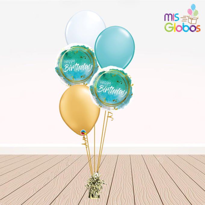 Ramo en escalera Happy birthday tonos turquesa - Mis Globos