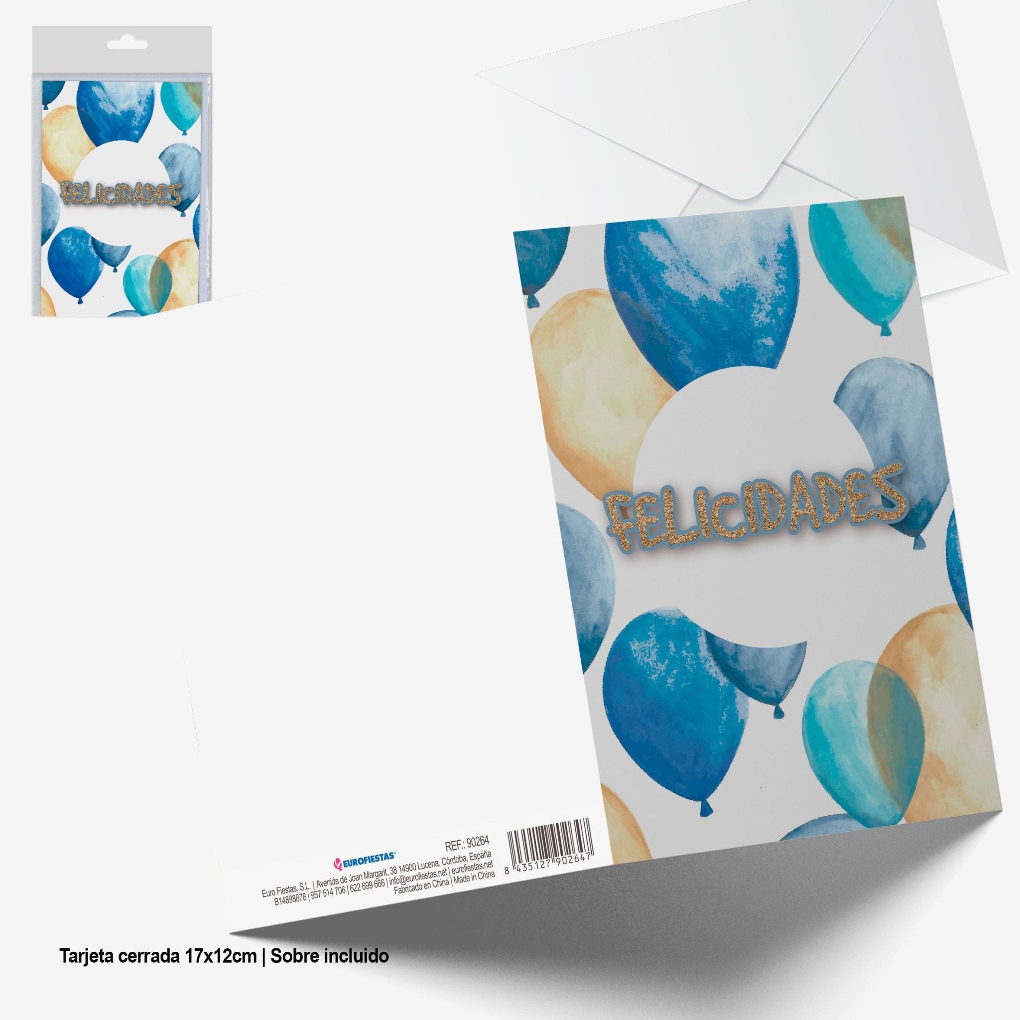 Tarjeta Felicidades globos azules y purpurino oro - Mis Globos
