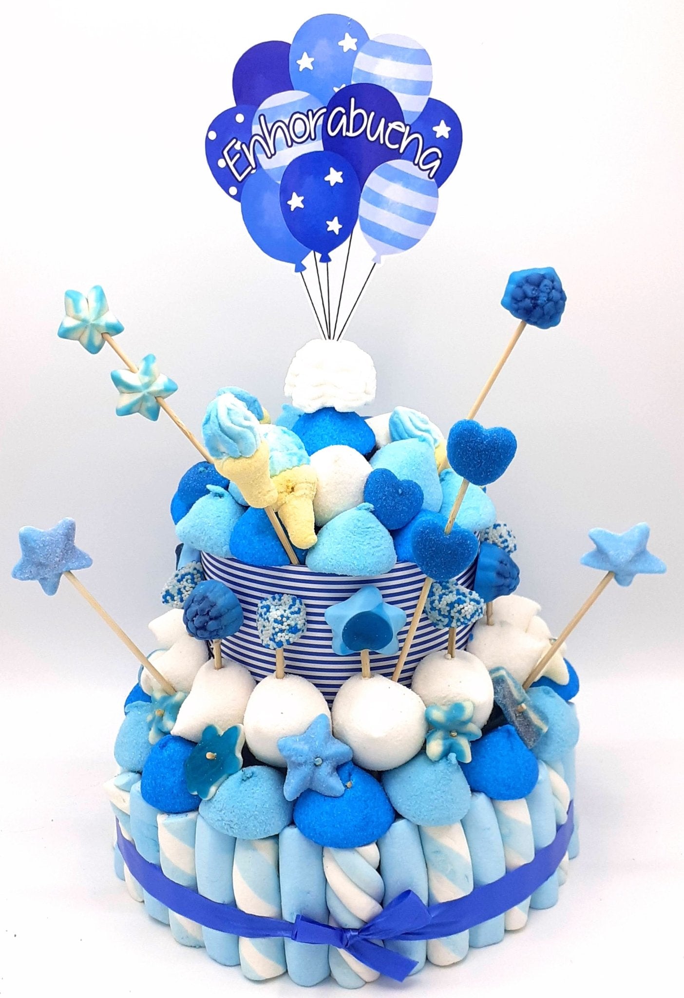 Tarta de chuches Azul y Blanco - Mis Globos
