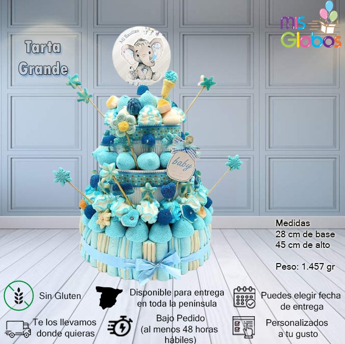 Tarta de chuches Bautizo Azul - Mis Globos
