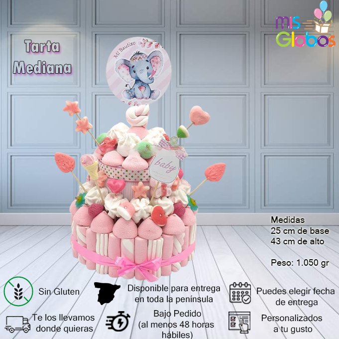 Tarta de chuches Bautizo Rosa - Mis Globos