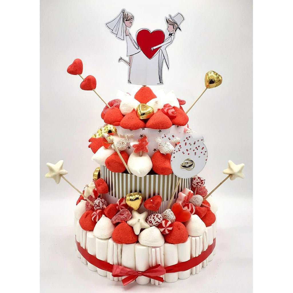 Tarta de chuches Boda blanca oro y rojo - Mis Globos