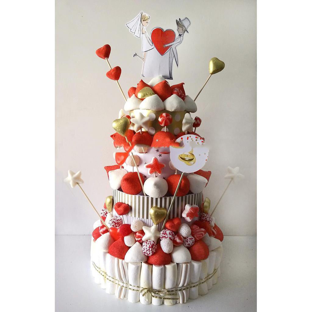 Tarta de chuches Boda blanca oro y rojo - Mis Globos