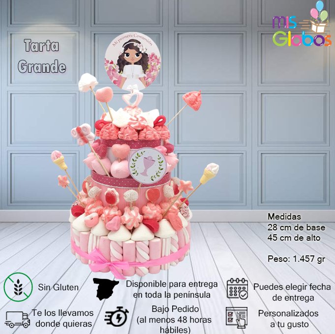 Tarta de chuches Comunión Rosa - Mis Globos