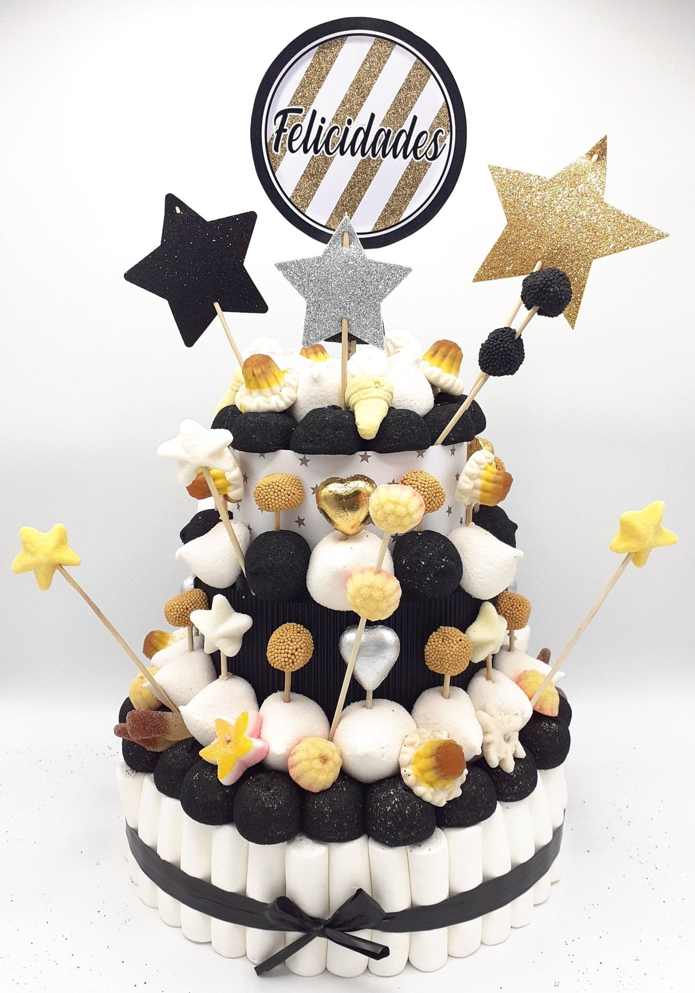 Tarta de chuches Oro, negro y plata - Mis Globos